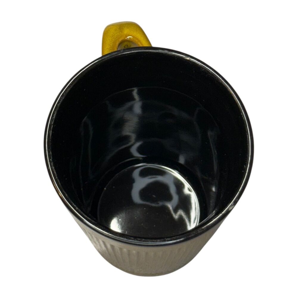 Vintage Yellow Ribbed Ceramic Tea/Coffee Mug Black Interior with Spoon Holder - Picture 4 of 5